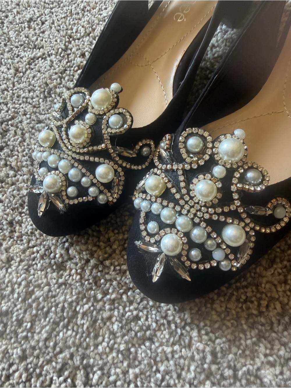 J.Renee Black Pearl & Crystal Embellished Kitten Heel Dressy Slingbacks Sz 8 - Picture 3 of 9